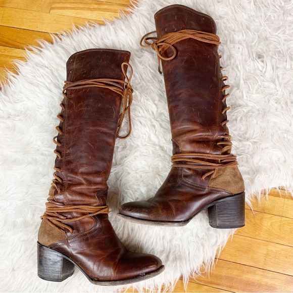 Freebird by Steven Shoes - FREEBIRD Coal Cognac Tall Brown Leather Lace Up Boots Distressed US 10